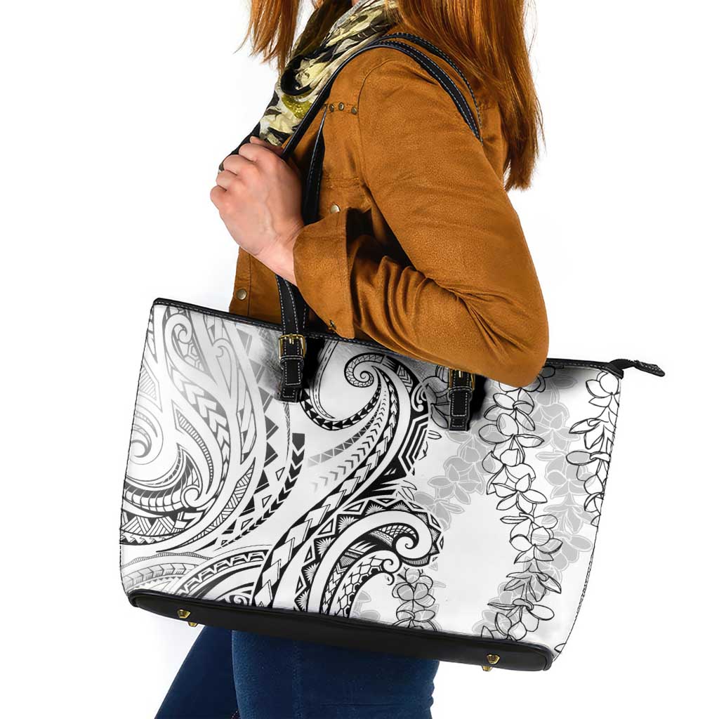 Polynesia Plumeria Lei Leather Tote Bag White Curves Motif