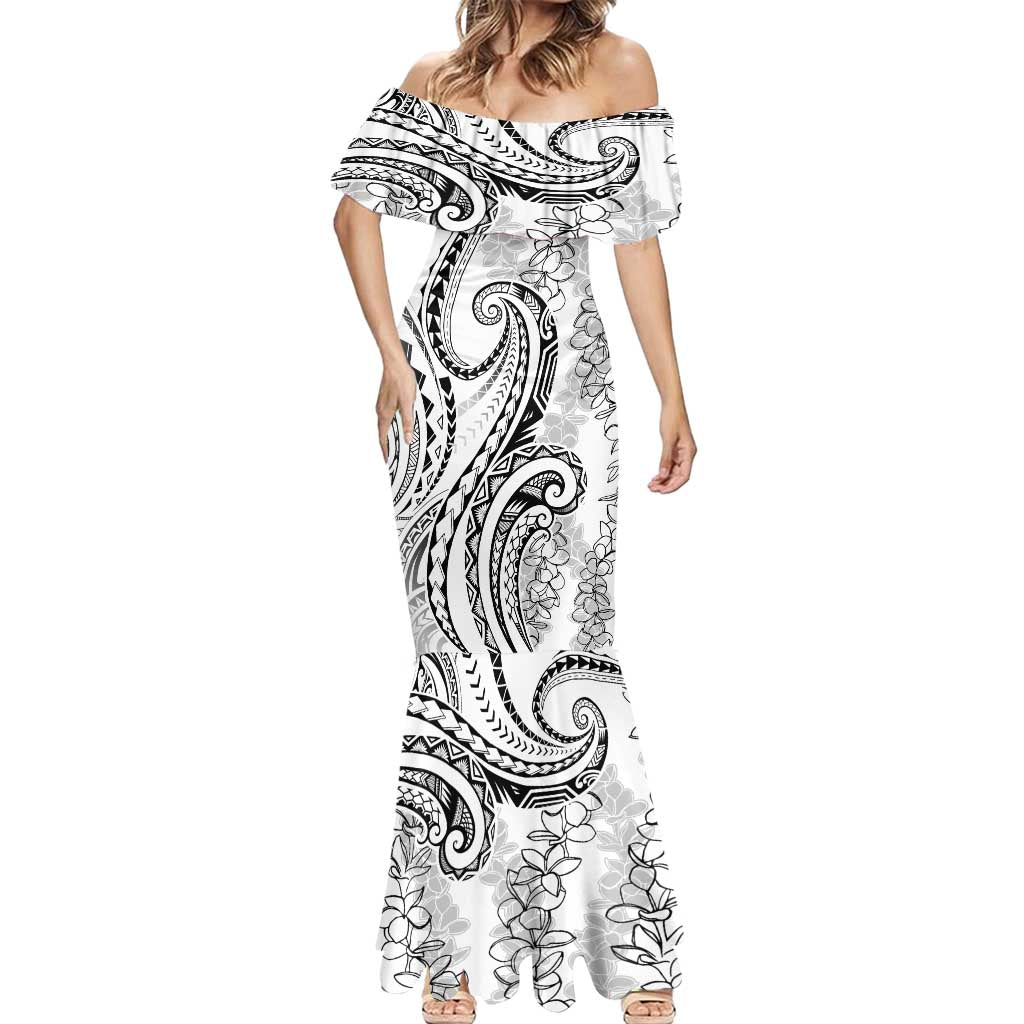 Polynesia Plumeria Lei Mermaid Dress White Curves Motif
