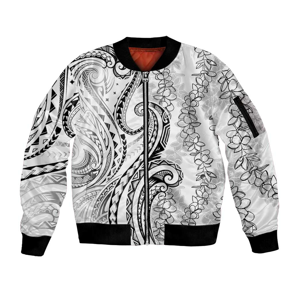Polynesia Plumeria Lei Sleeve Zip Bomber Jacket White Curves Motif