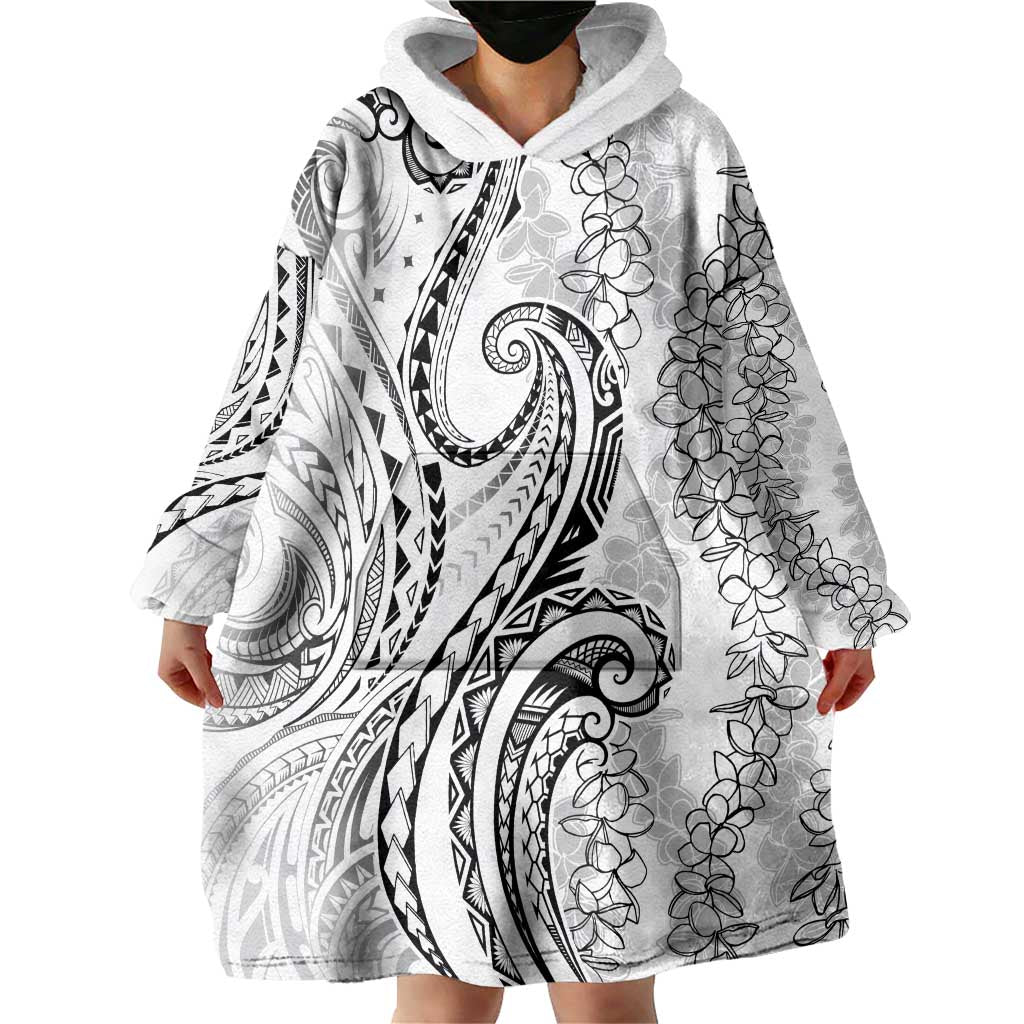 Polynesia Plumeria Lei Wearable Blanket Hoodie White Curves Motif