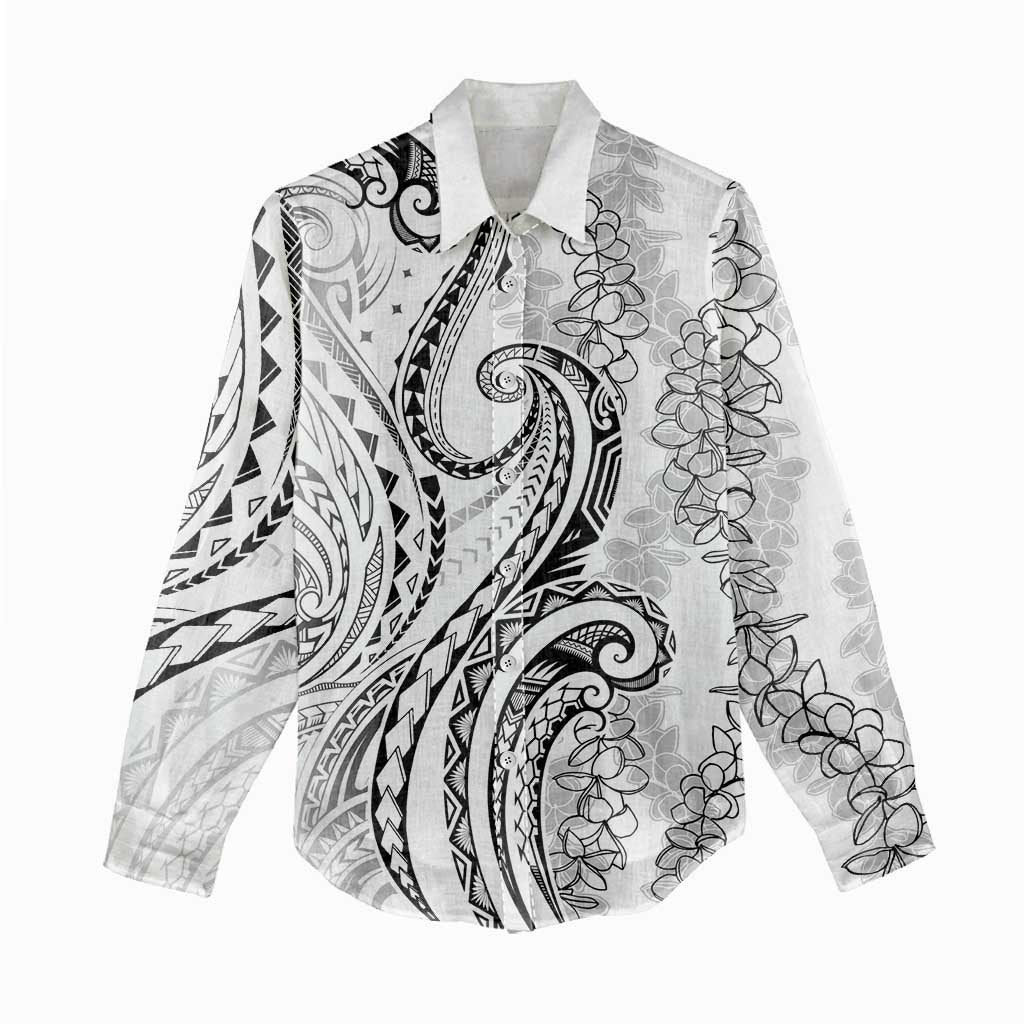 Polynesia Plumeria Lei Women Casual Shirt White Curves Motif