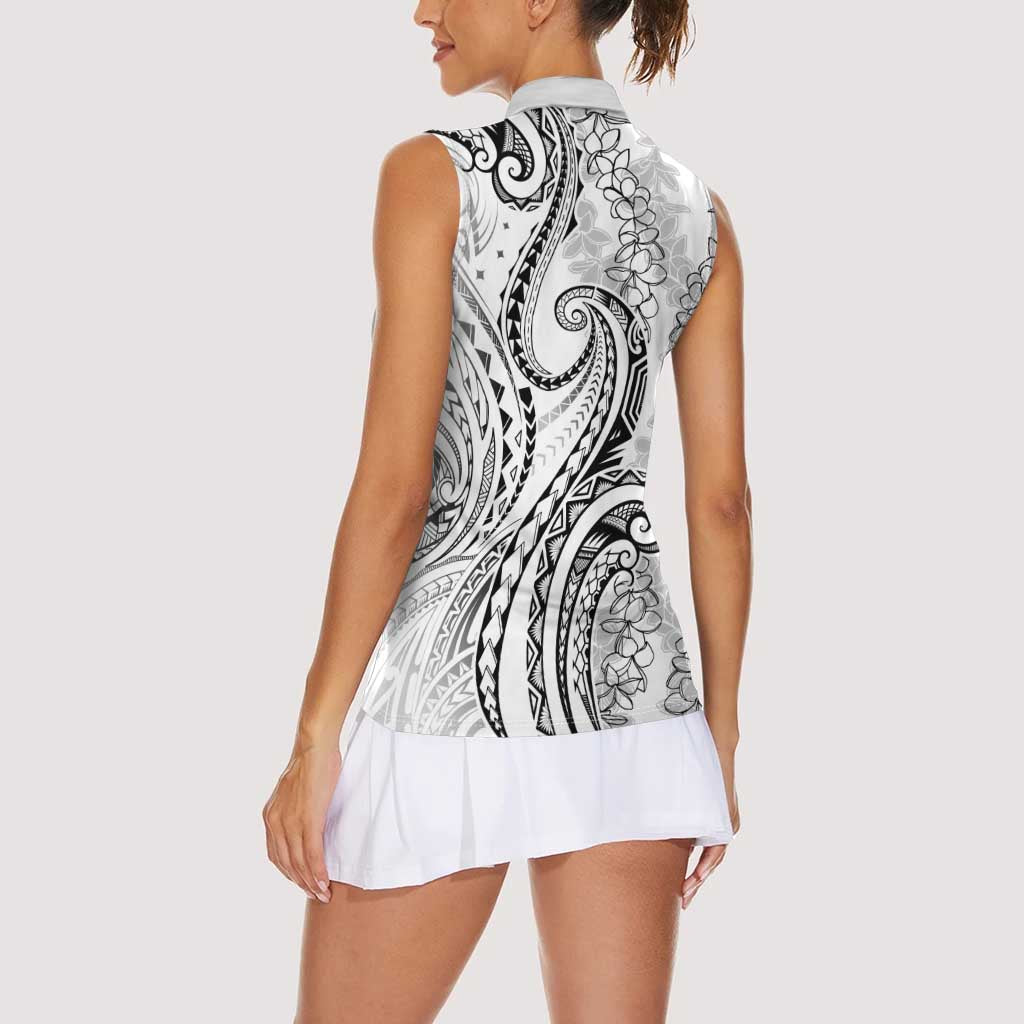 Polynesia Plumeria Lei Women Sleeveless Polo Shirt White Curves Motif LT7 - Polynesian Pride