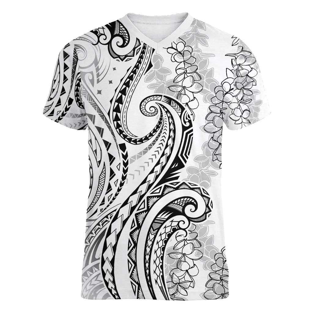 Polynesia Plumeria Lei Women V-Neck T-Shirt White Curves Motif LT7 Female White - Polynesian Pride
