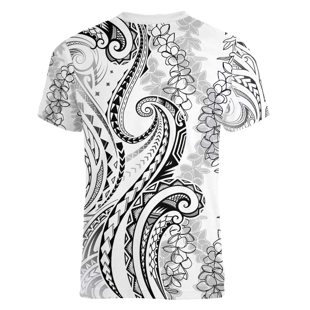 Polynesia Plumeria Lei Women V-Neck T-Shirt White Curves Motif LT7 - Polynesian Pride