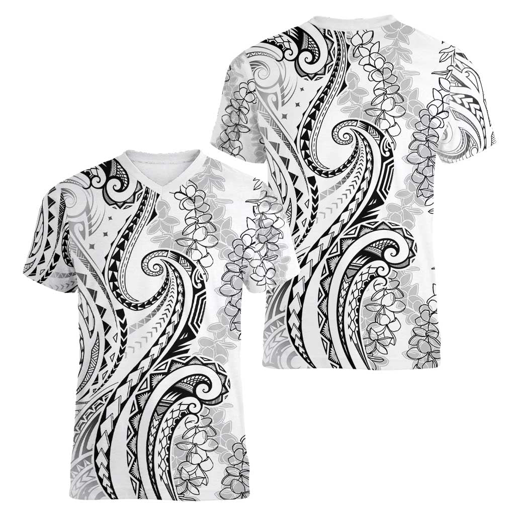 Polynesia Plumeria Lei Women V-Neck T-Shirt White Curves Motif LT7 - Polynesian Pride