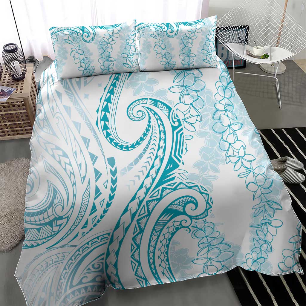 Polynesia Plumeria Lei Bedding Set White Turquoise Curves Motif
