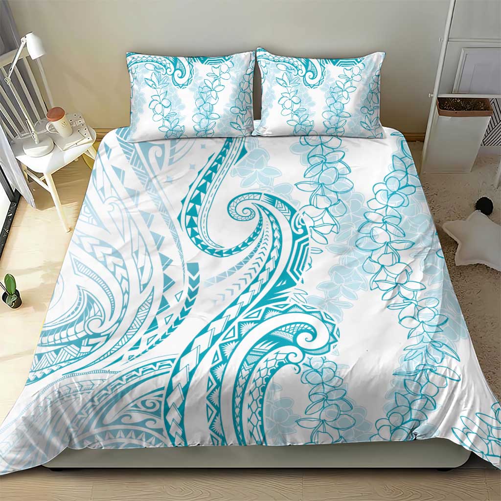 Polynesia Plumeria Lei Bedding Set White Turquoise Curves Motif