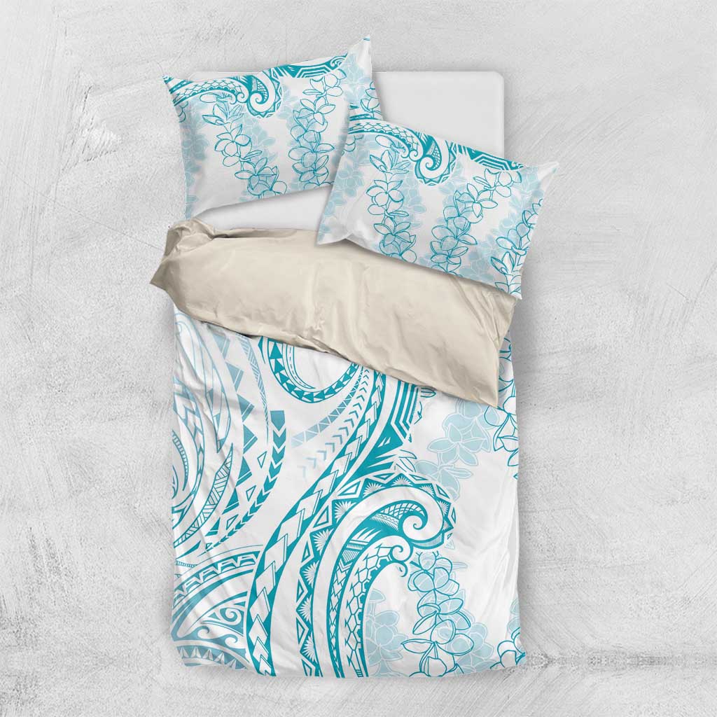 Polynesia Plumeria Lei Bedding Set White Turquoise Curves Motif