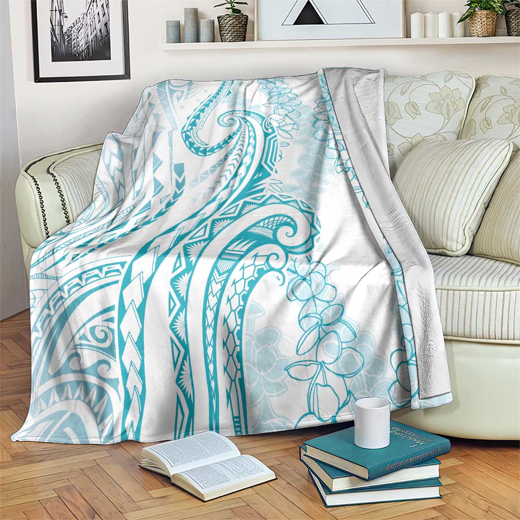 Polynesia Plumeria Lei Blanket White Turquoise Curves Motif