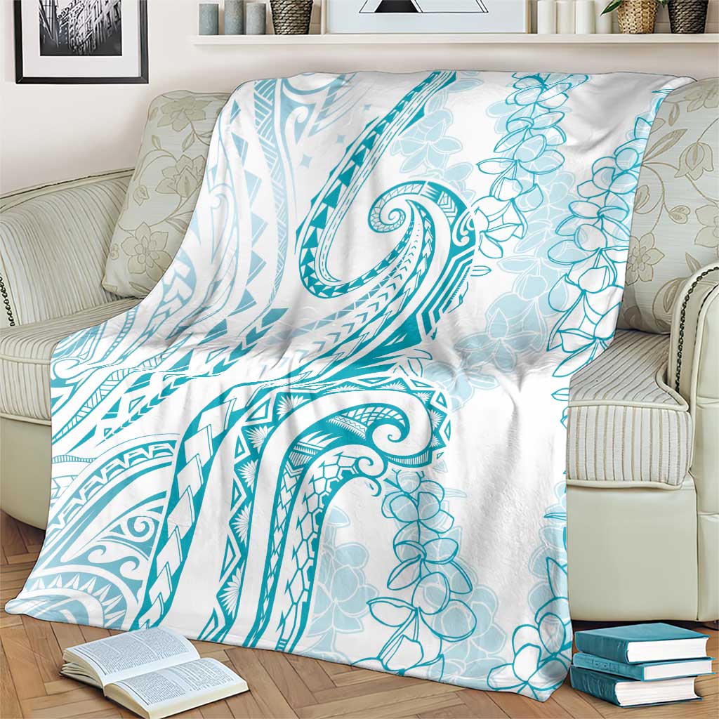 Polynesia Plumeria Lei Blanket White Turquoise Curves Motif