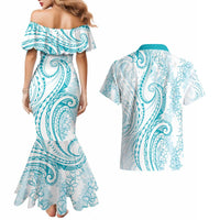 Polynesia Plumeria Lei Couples Matching Mermaid Dress and Hawaiian Shirt White Turquoise Curves Motif