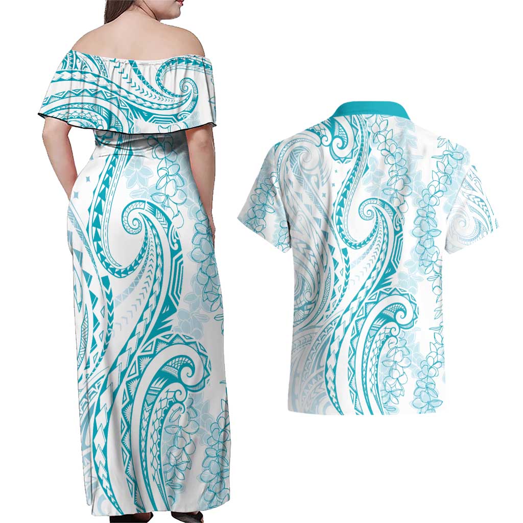 Polynesia Plumeria Lei Couples Matching Off Shoulder Maxi Dress and Hawaiian Shirt White Turquoise Curves Motif