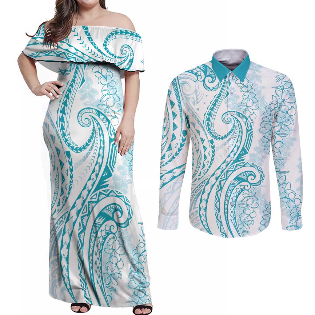 Polynesia Plumeria Lei Couples Matching Off Shoulder Maxi Dress and Long Sleeve Button Shirt White Turquoise Curves Motif