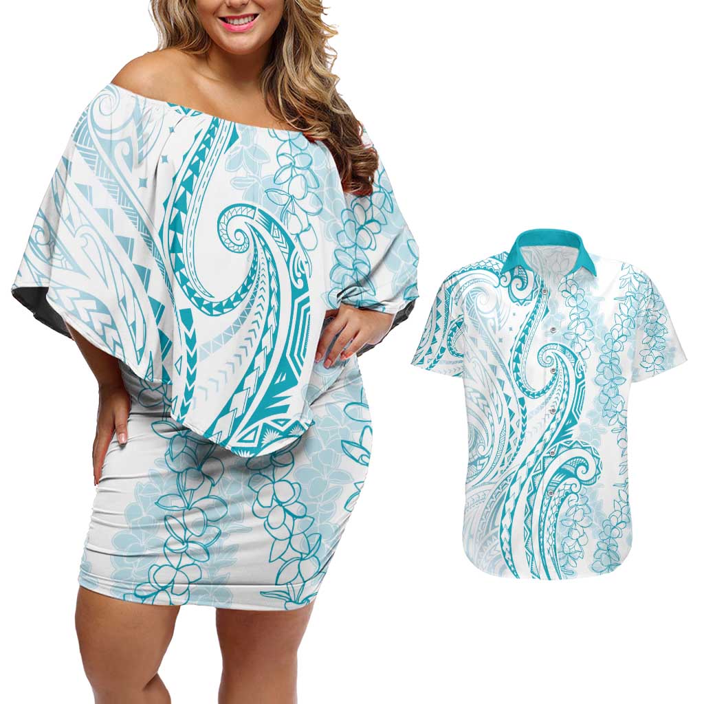 Polynesia Plumeria Lei Couples Matching Off Shoulder Short Dress and Hawaiian Shirt White Turquoise Curves Motif