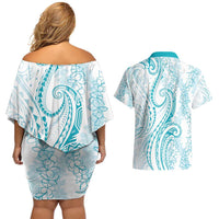 Polynesia Plumeria Lei Couples Matching Off Shoulder Short Dress and Hawaiian Shirt White Turquoise Curves Motif