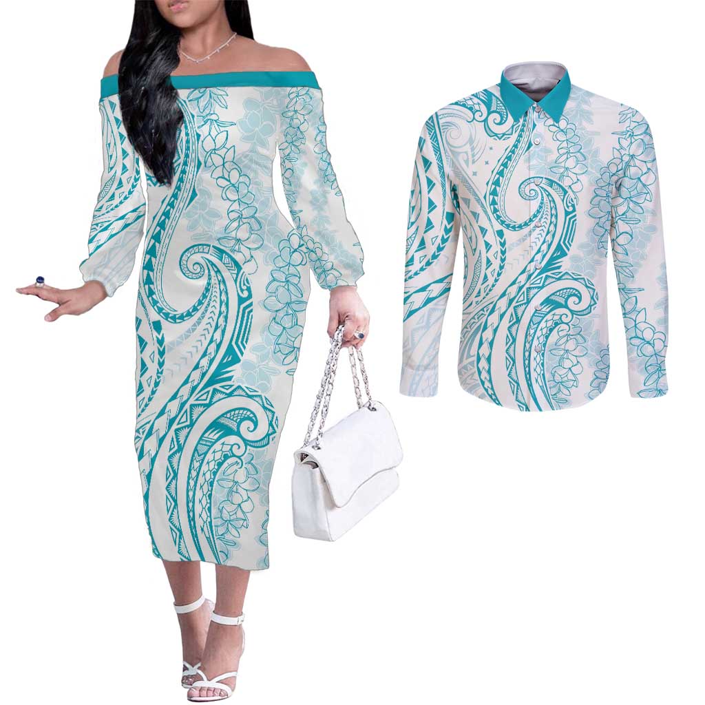 Polynesia Plumeria Lei Couples Matching Off The Shoulder Long Sleeve Dress and Long Sleeve Button Shirt White Turquoise Curves Motif LT7 Turquoise - Polynesian Pride