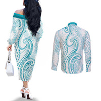 Polynesia Plumeria Lei Couples Matching Off The Shoulder Long Sleeve Dress and Long Sleeve Button Shirt White Turquoise Curves Motif LT7 - Polynesian Pride