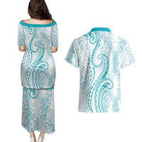 Polynesia Plumeria Lei Couples Matching Puletasi and Hawaiian Shirt White Turquoise Curves Motif
