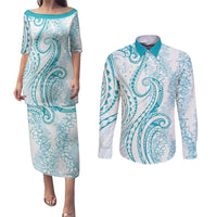 Polynesia Plumeria Lei Couples Matching Puletasi and Long Sleeve Button Shirt White Turquoise Curves Motif
