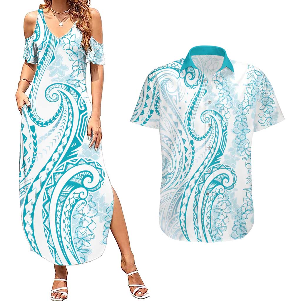 Polynesia Plumeria Lei Couples Matching Summer Maxi Dress and Hawaiian Shirt White Turquoise Curves Motif