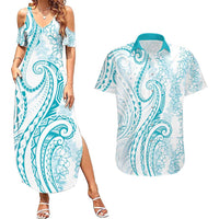 Polynesia Plumeria Lei Couples Matching Summer Maxi Dress and Hawaiian Shirt White Turquoise Curves Motif