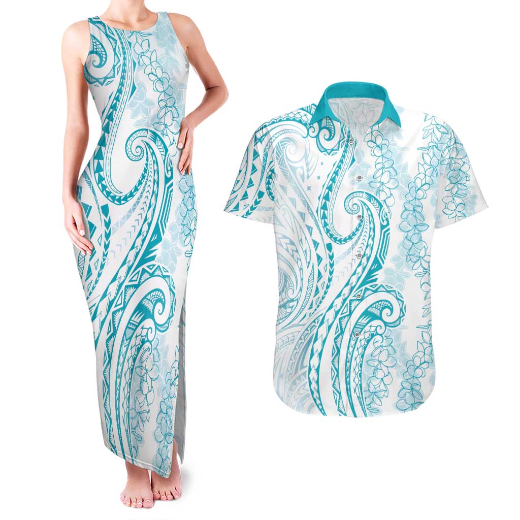 Polynesia Plumeria Lei Couples Matching Tank Maxi Dress and Hawaiian Shirt White Turquoise Curves Motif