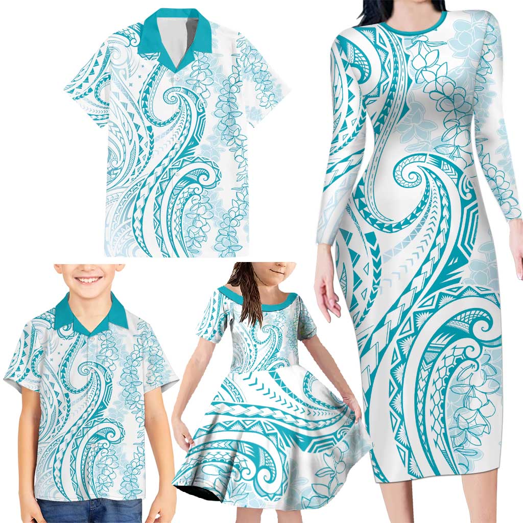 Polynesia Plumeria Lei Family Matching Long Sleeve Bodycon Dress and Hawaiian Shirt White Turquoise Curves Motif