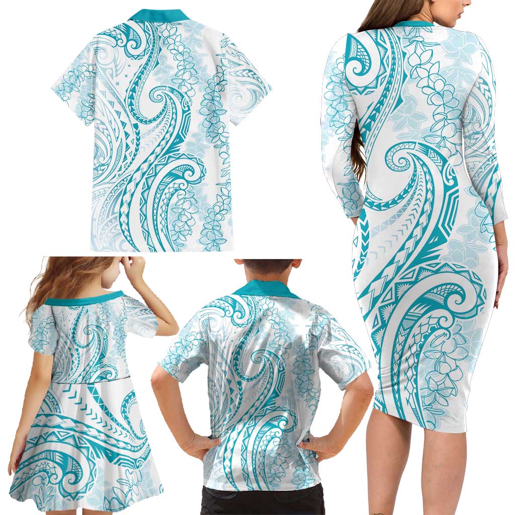 Polynesia Plumeria Lei Family Matching Long Sleeve Bodycon Dress and Hawaiian Shirt White Turquoise Curves Motif