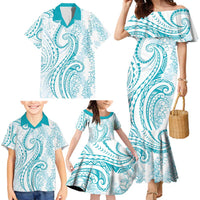 Polynesia Plumeria Lei Family Matching Mermaid Dress and Hawaiian Shirt White Turquoise Curves Motif