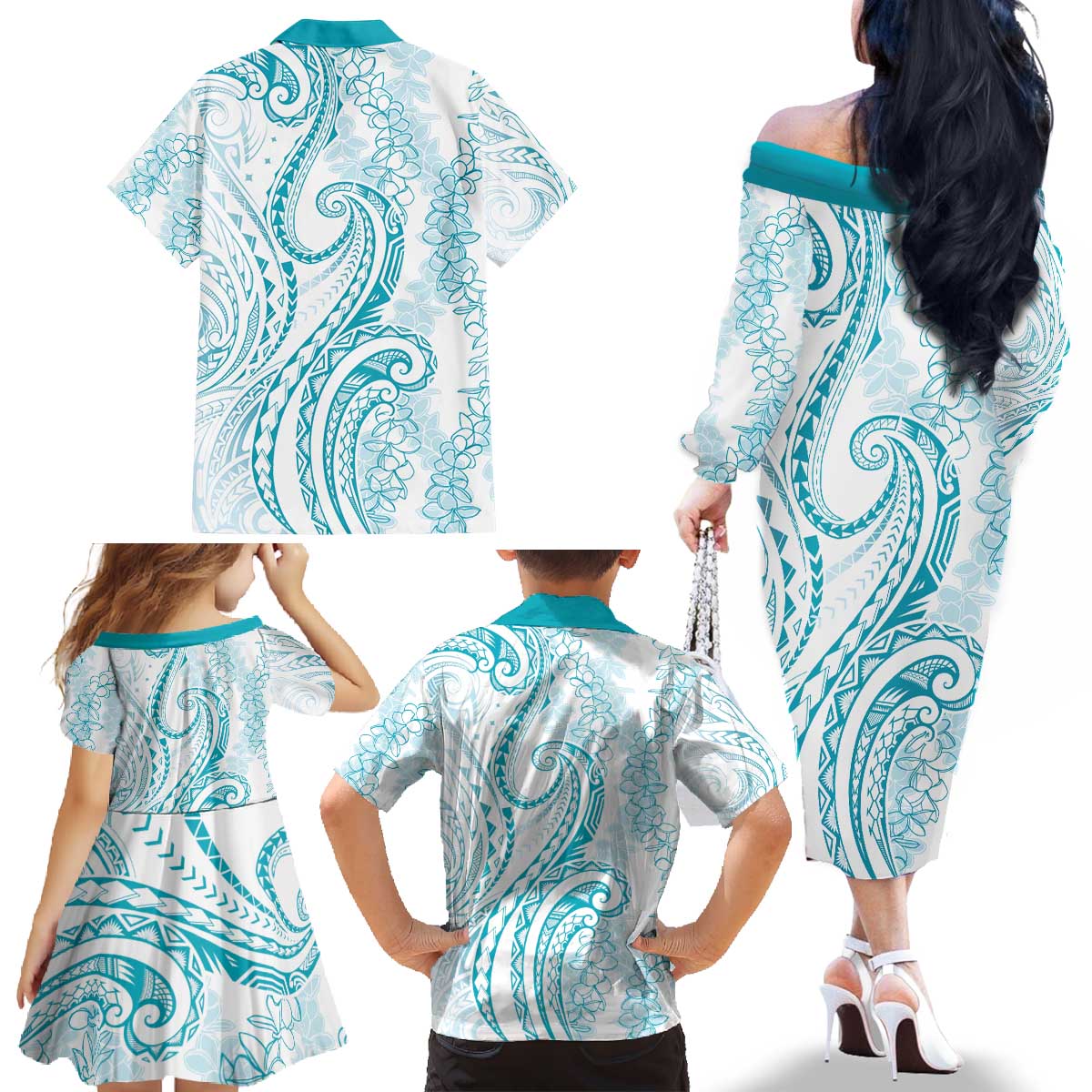 Polynesia Plumeria Lei Family Matching Off The Shoulder Long Sleeve Dress and Hawaiian Shirt White Turquoise Curves Motif