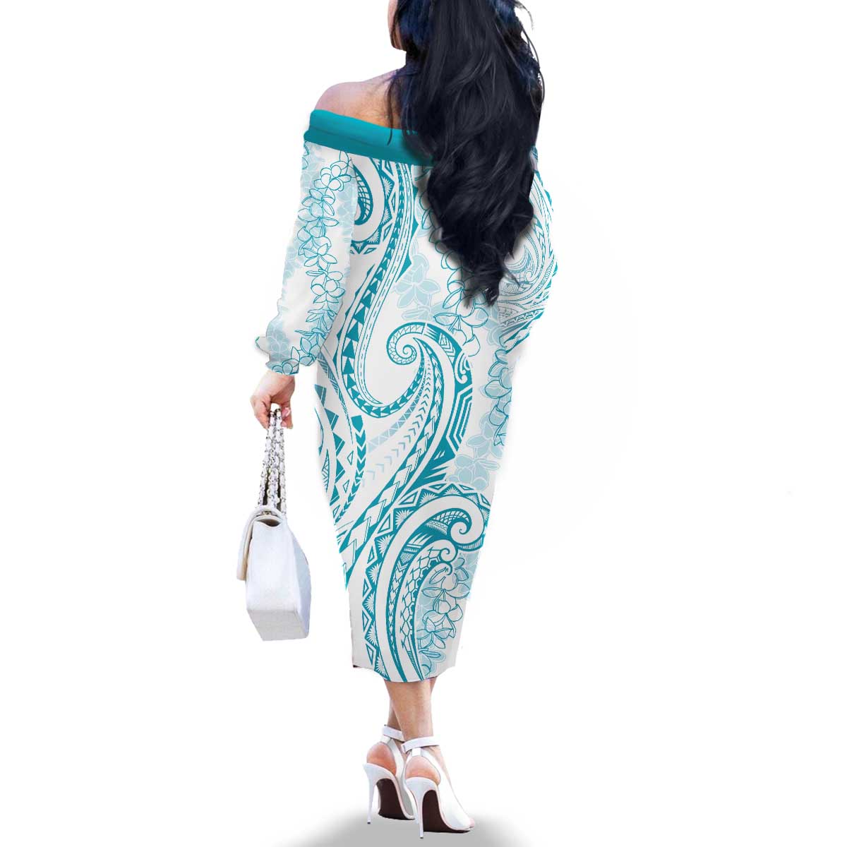 Polynesia Plumeria Lei Family Matching Off The Shoulder Long Sleeve Dress and Hawaiian Shirt White Turquoise Curves Motif