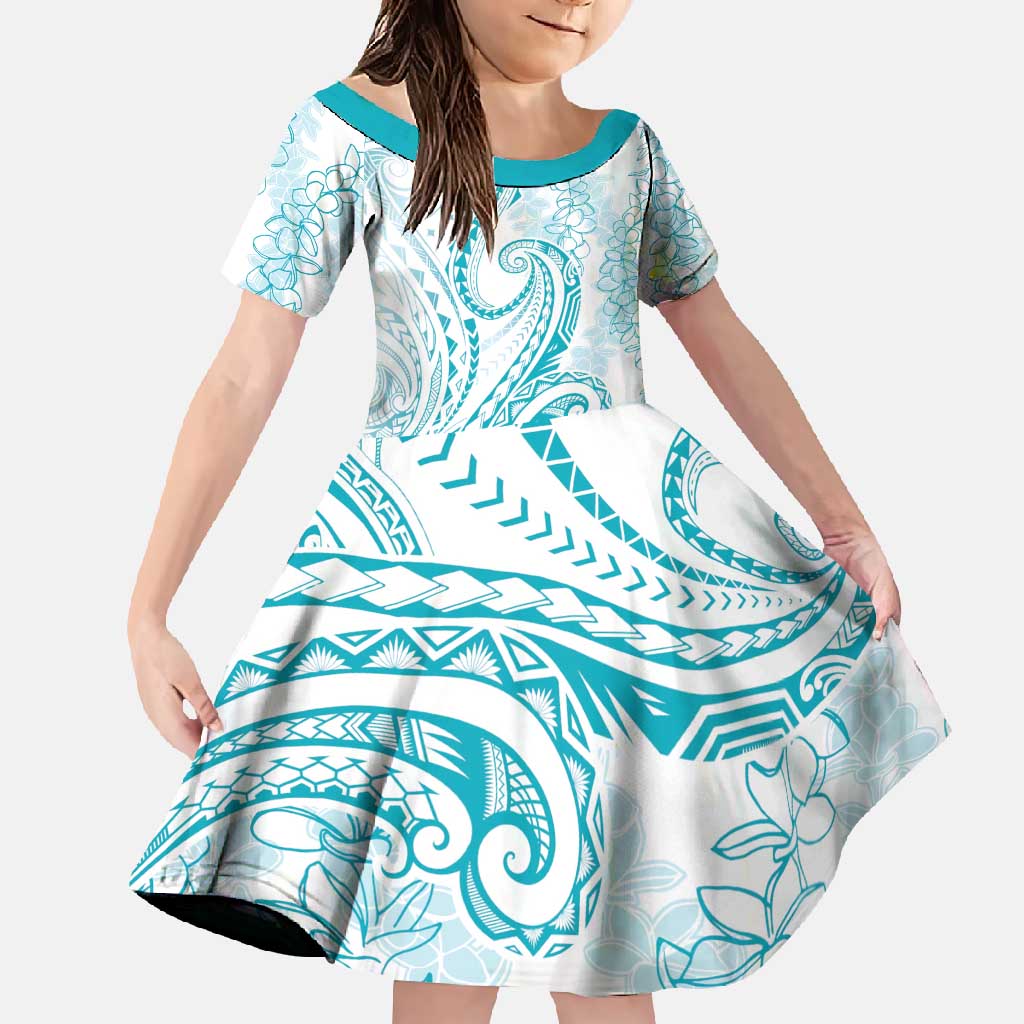 Polynesia Plumeria Lei Family Matching Off Shoulder Maxi Dress and Hawaiian Shirt White Turquoise Curves Motif