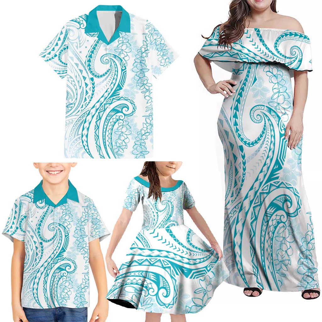 Polynesia Plumeria Lei Family Matching Off Shoulder Maxi Dress and Hawaiian Shirt White Turquoise Curves Motif