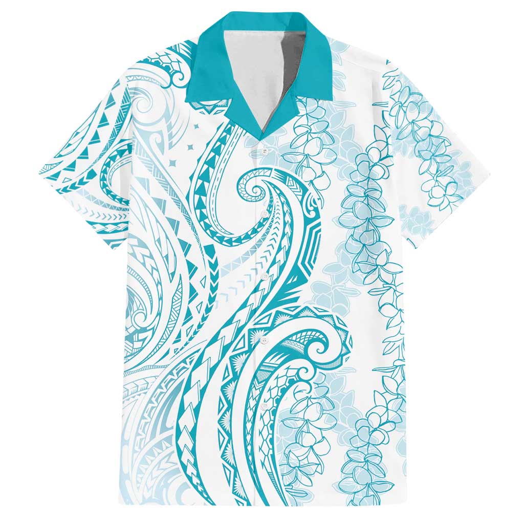 Polynesia Plumeria Lei Family Matching Off Shoulder Maxi Dress and Hawaiian Shirt White Turquoise Curves Motif