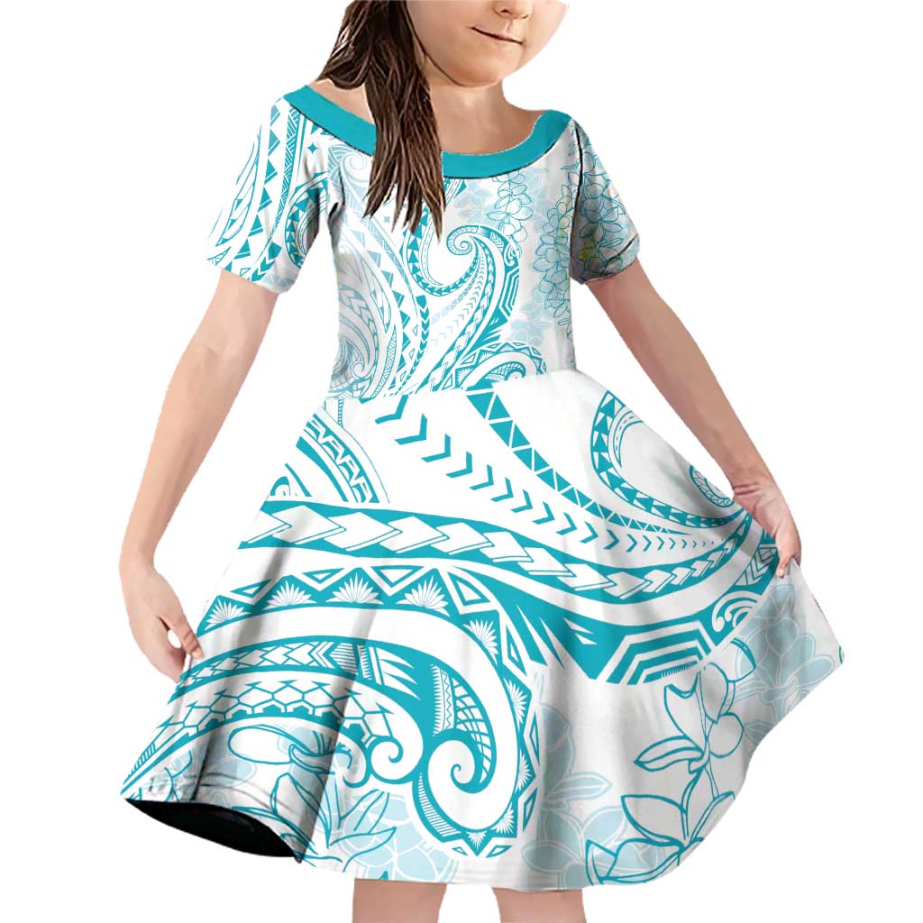 Polynesia Plumeria Lei Family Matching Off Shoulder Short Dress and Hawaiian Shirt White Turquoise Curves Motif