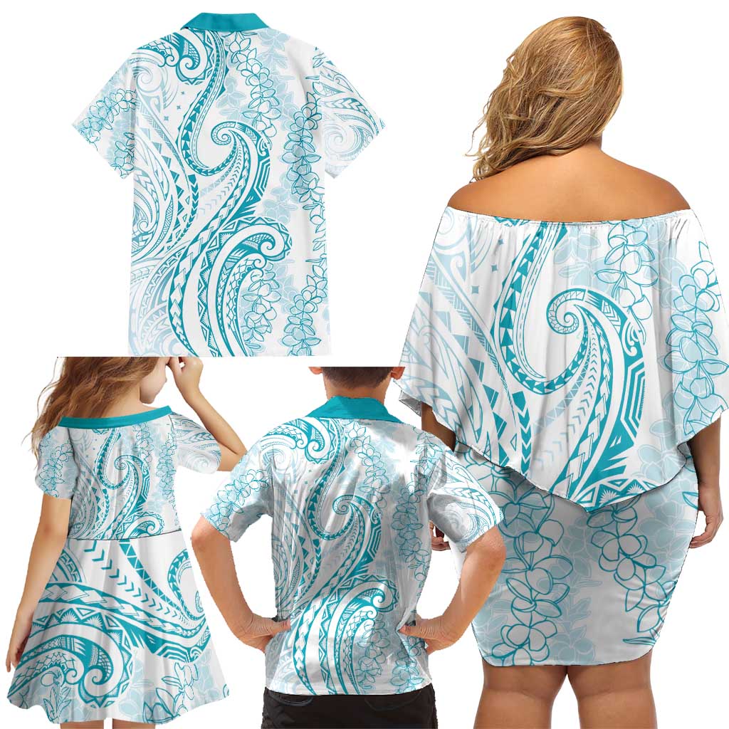 Polynesia Plumeria Lei Family Matching Off Shoulder Short Dress and Hawaiian Shirt White Turquoise Curves Motif