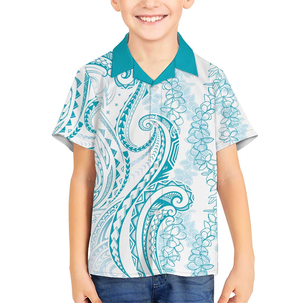 Polynesia Plumeria Lei Family Matching Short Sleeve Bodycon Dress and Hawaiian Shirt White Turquoise Curves Motif