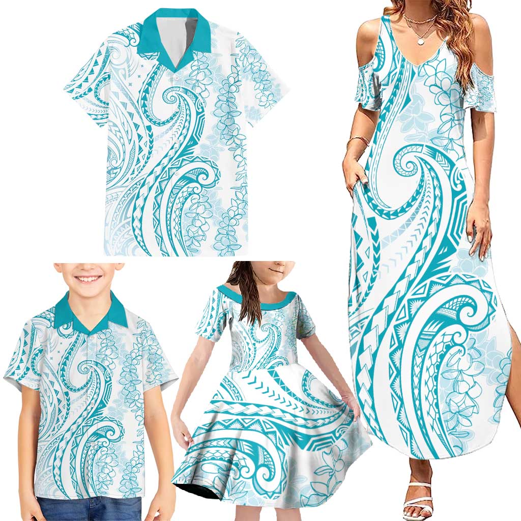 Polynesia Plumeria Lei Family Matching Summer Maxi Dress and Hawaiian Shirt White Turquoise Curves Motif