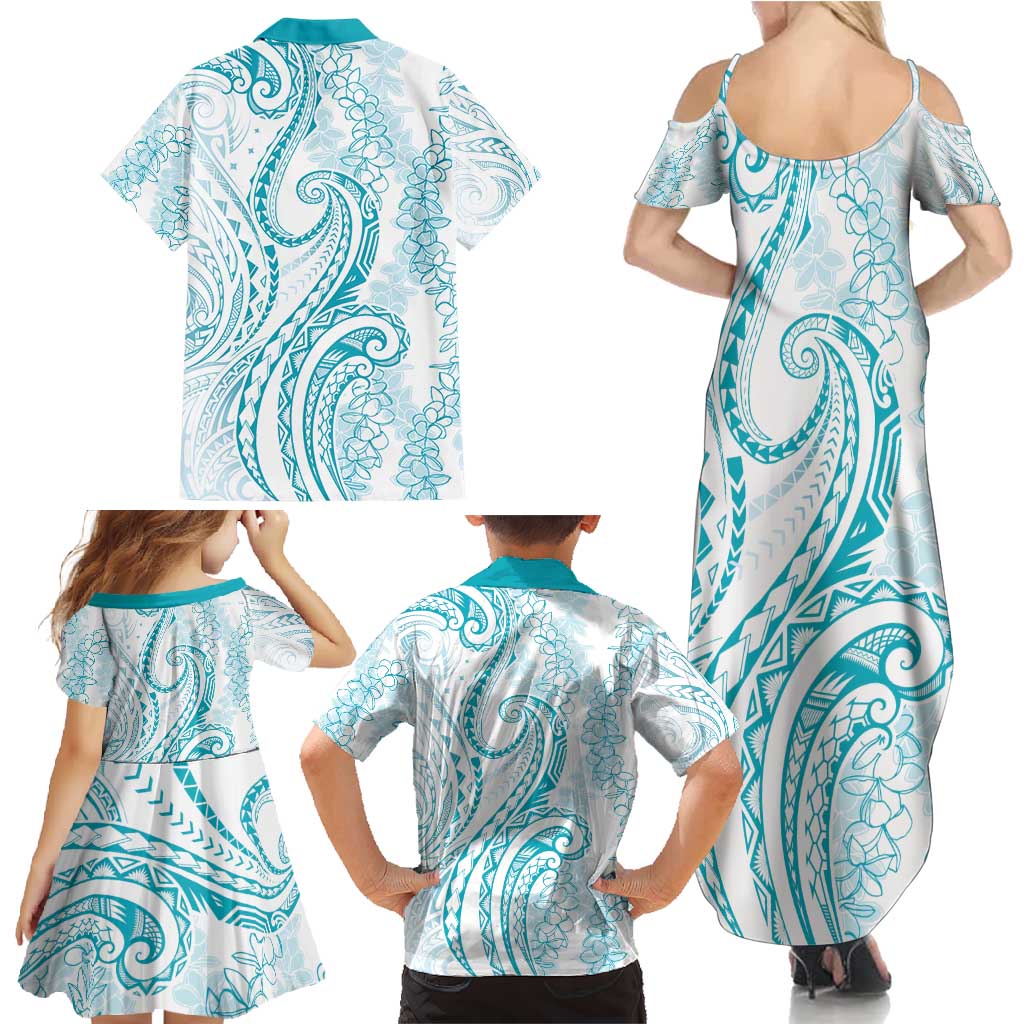 Polynesia Plumeria Lei Family Matching Summer Maxi Dress and Hawaiian Shirt White Turquoise Curves Motif