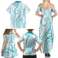 Polynesia Plumeria Lei Family Matching Summer Maxi Dress and Hawaiian Shirt White Turquoise Curves Motif