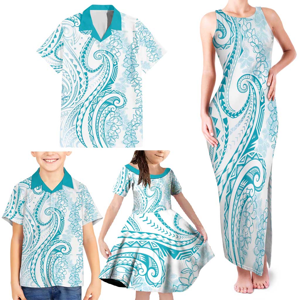 Polynesia Plumeria Lei Family Matching Tank Maxi Dress and Hawaiian Shirt White Turquoise Curves Motif