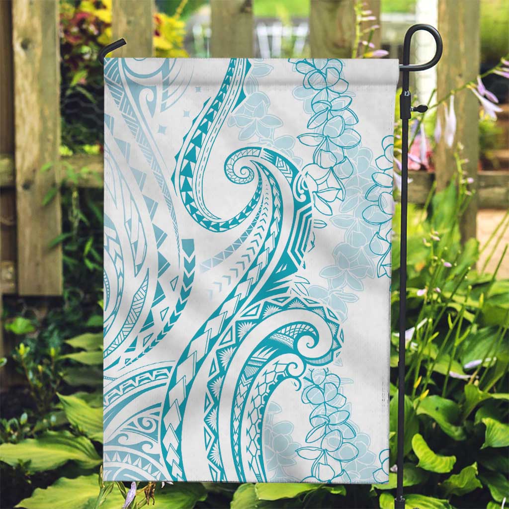 Polynesia Plumeria Lei Garden Flag White Turquoise Curves Motif