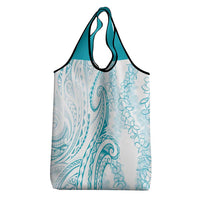 Polynesia Plumeria Lei Grocery Bag White Turquoise Curves Motif