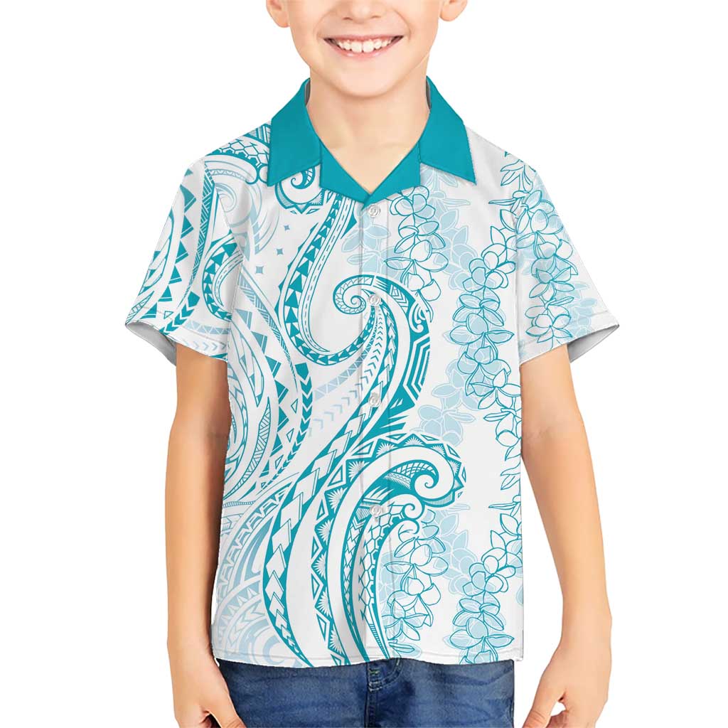 Polynesia Plumeria Lei Hawaiian Shirt White Turquoise Curves Motif