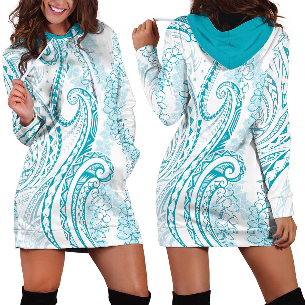 Polynesia Plumeria Lei Hoodie Dress White Turquoise Curves Motif