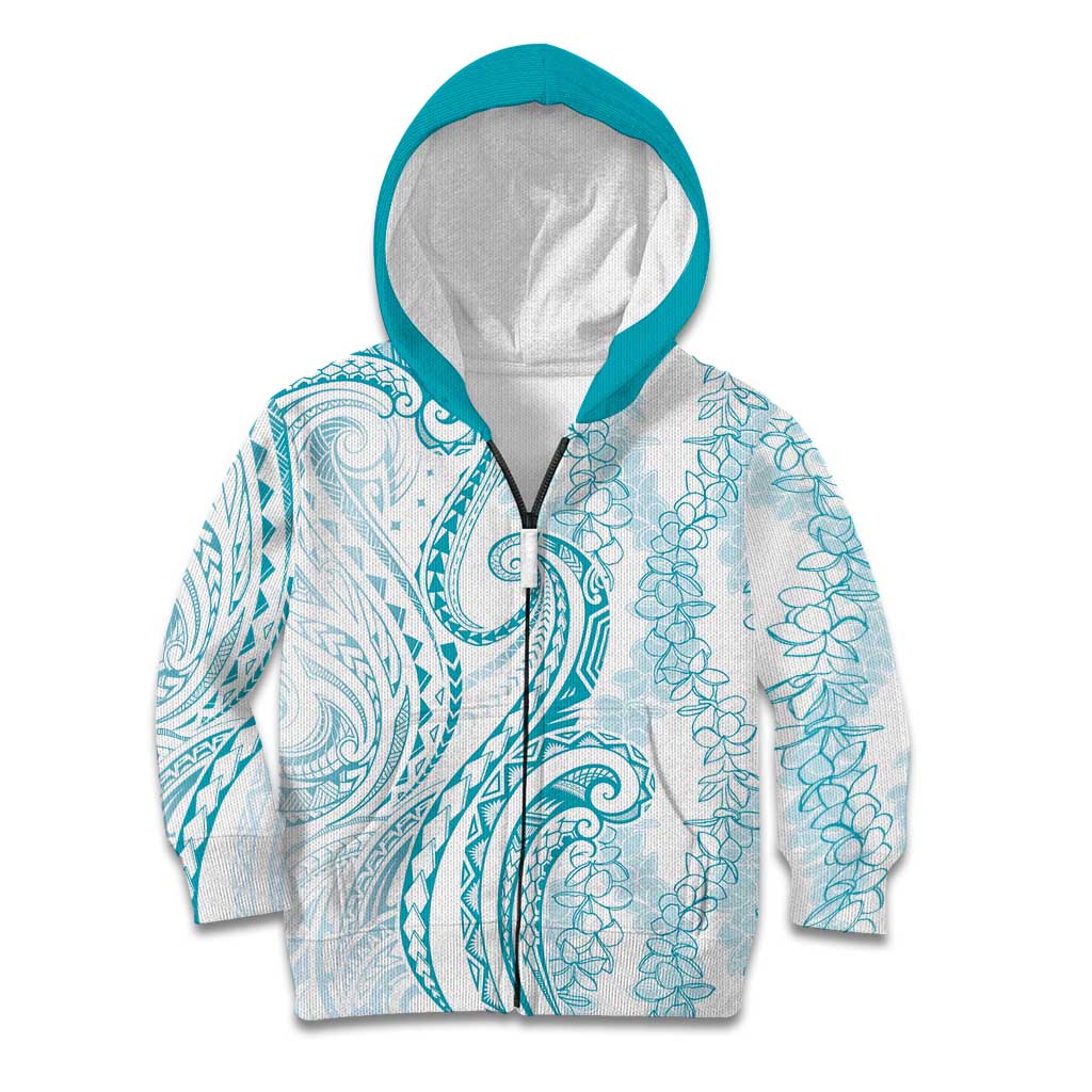 Polynesia Plumeria Lei Kid Hoodie White Turquoise Curves Motif LT7 Zip Hoodie Turquoise - Polynesian Pride