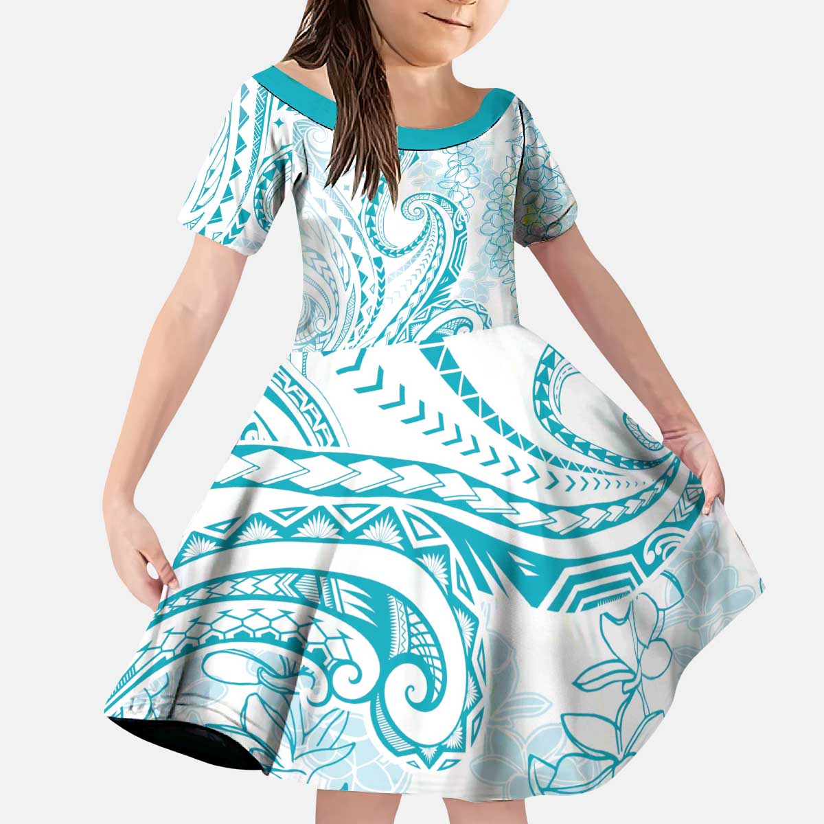 Polynesia Plumeria Lei Kid Short Sleeve Dress White Turquoise Curves Motif
