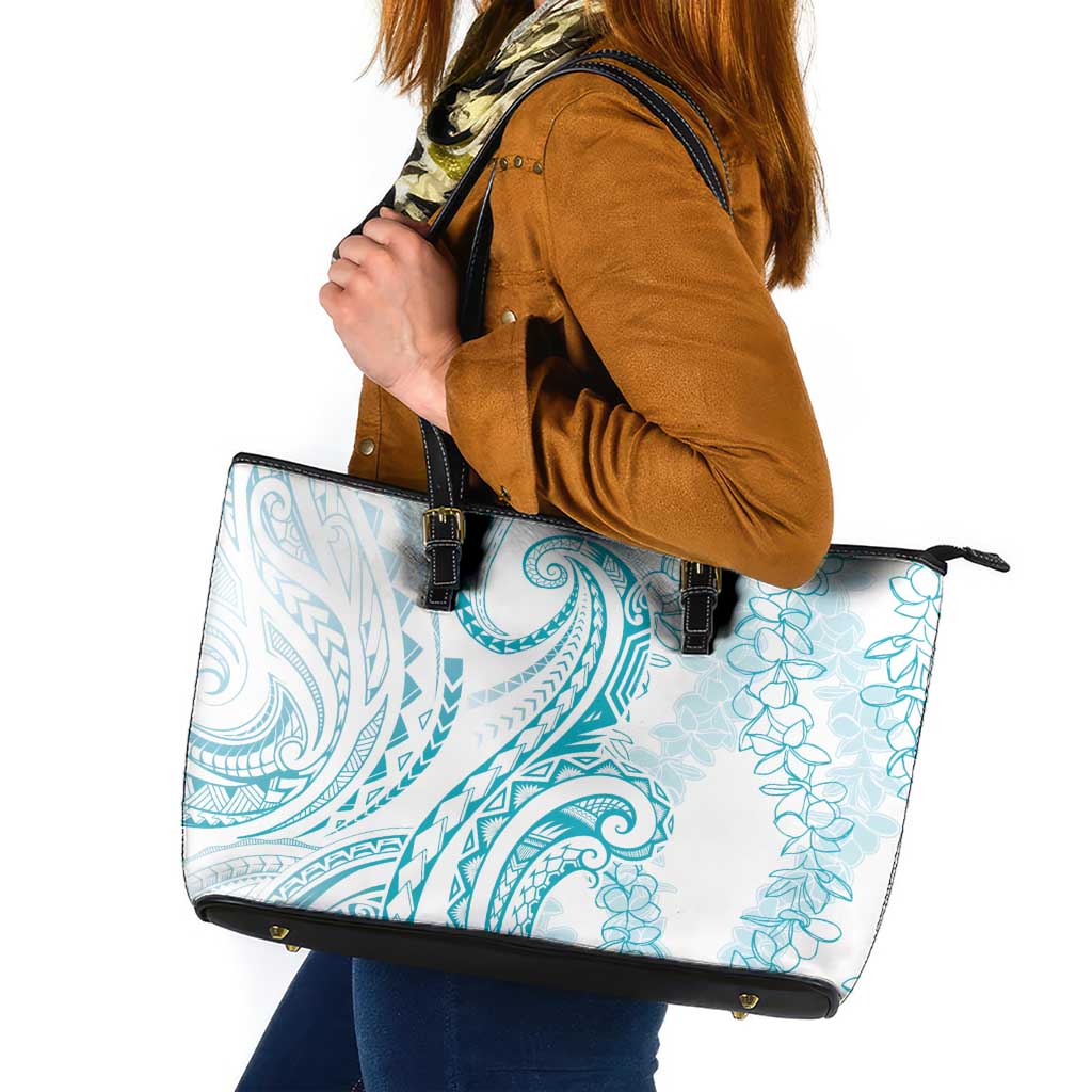 Polynesia Plumeria Lei Leather Tote Bag White Turquoise Curves Motif
