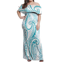 Polynesia Plumeria Lei Off Shoulder Maxi Dress White Turquoise Curves Motif