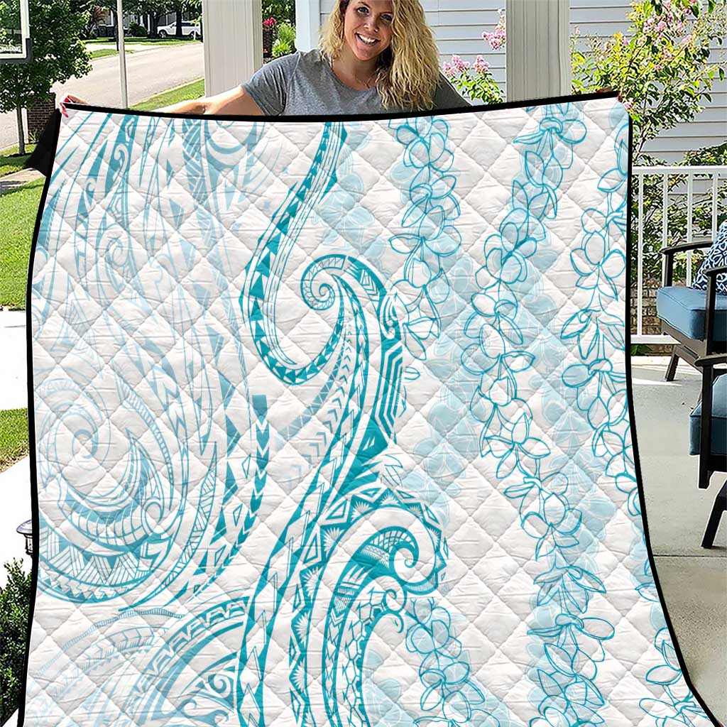 Polynesia Plumeria Lei Quilt White Turquoise Curves Motif